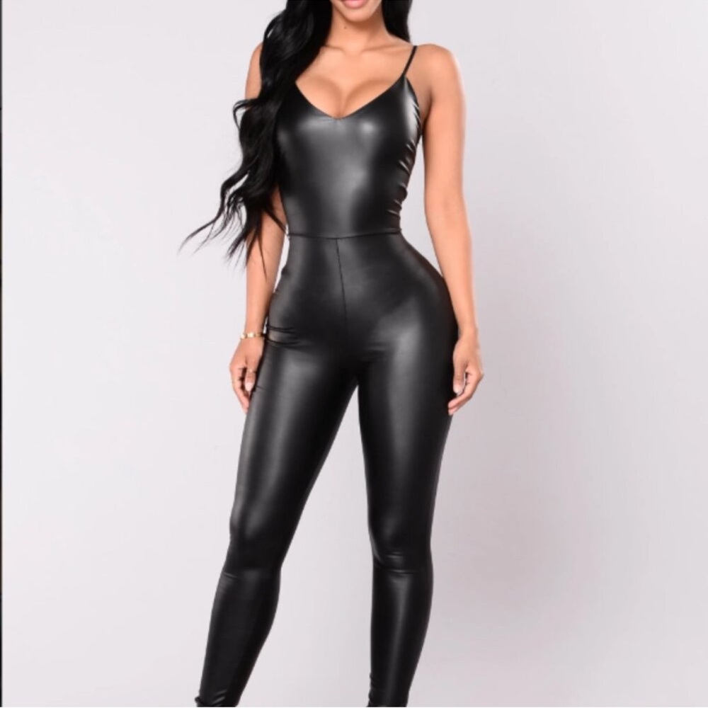 Fashion Nova Black Faux Leather Jumpsuit